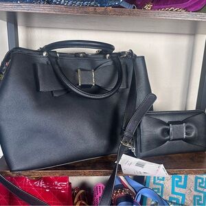 Betsey Johnson Black Bow Satchel Crossbody and Clutch Wallet Set